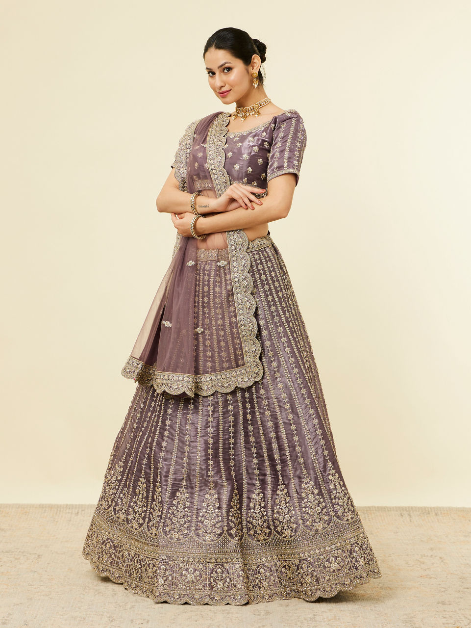 Mohey Women Purple Floral Aari Embroidered Bridal Lehenga