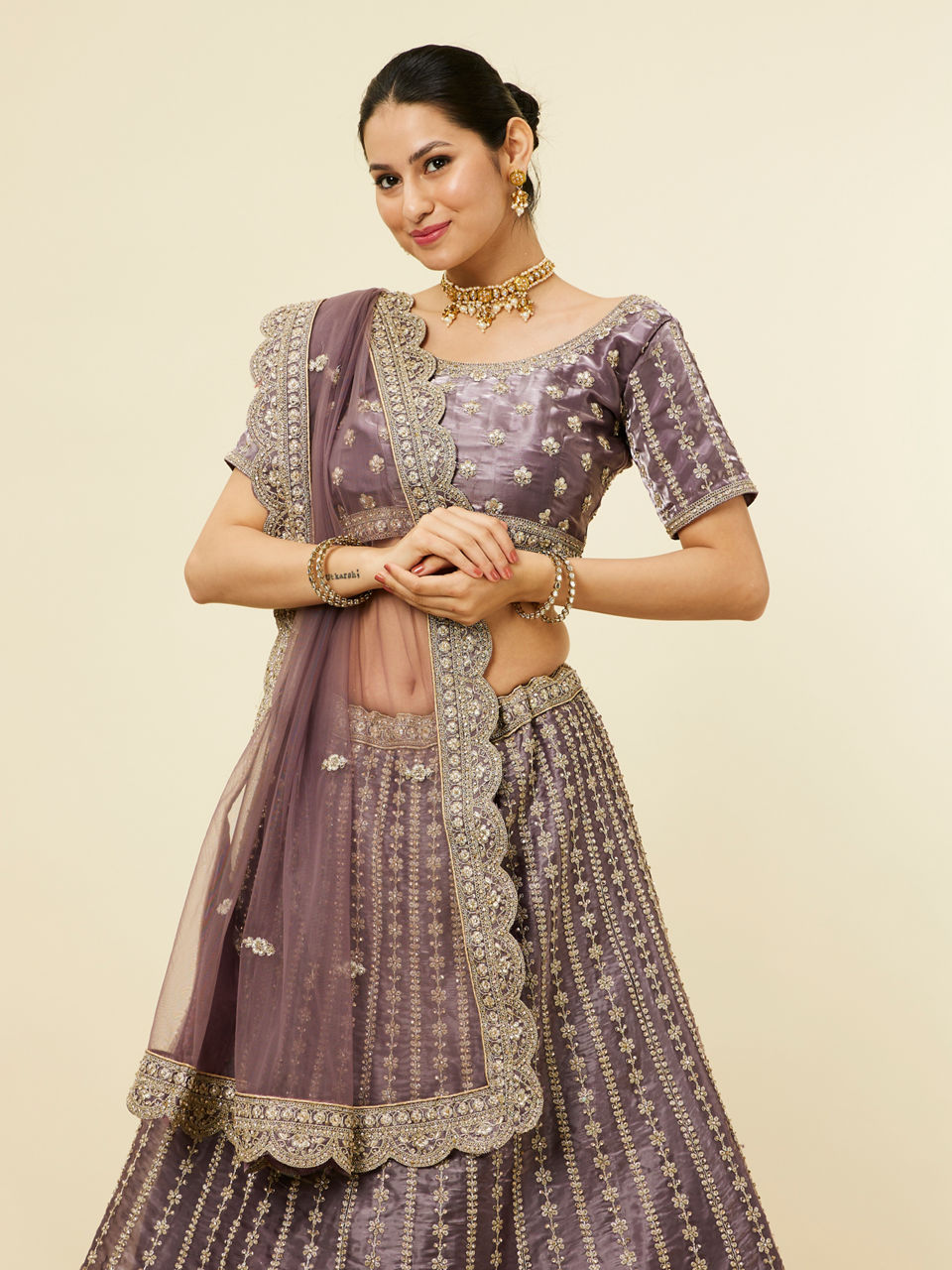 Mohey Women Purple Floral Aari Embroidered Bridal Lehenga