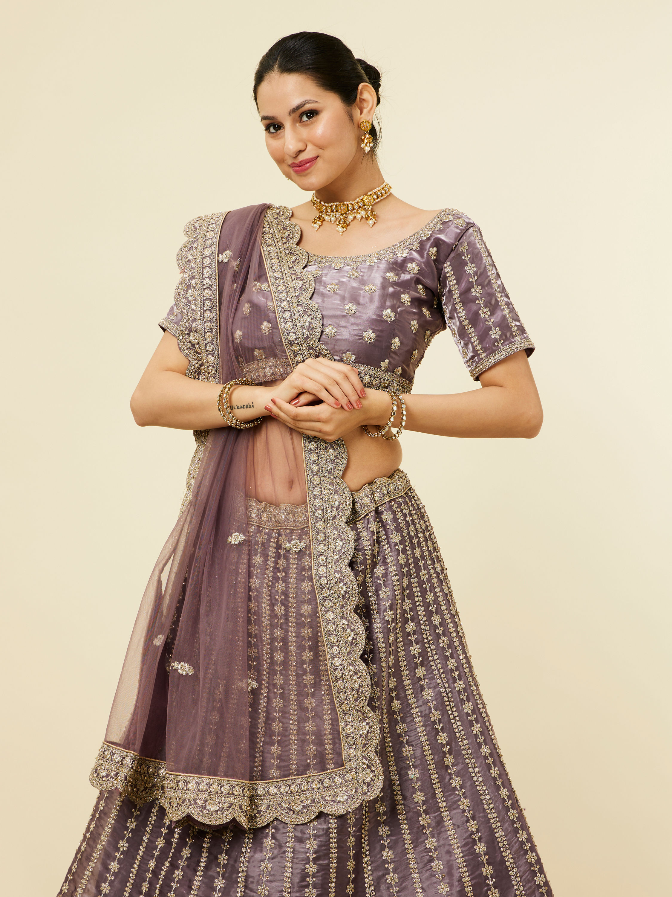 Mohey Women Purple Floral Aari Embroidered Bridal Lehenga