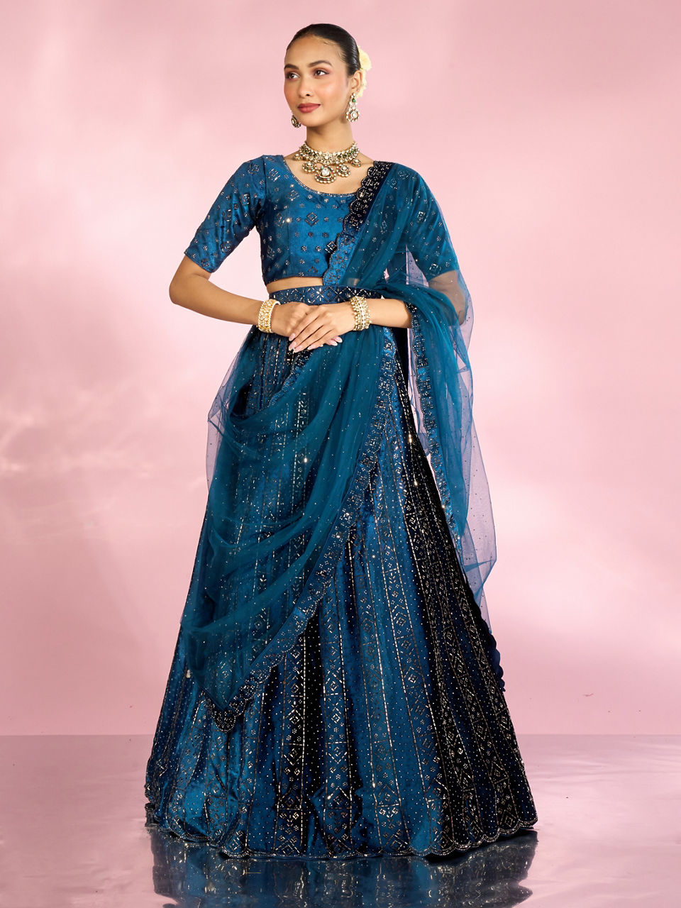 Mohey Women Teal Blue Lehenga with Rhinestone Embellishments