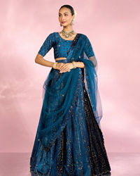 Mohey Women Teal Blue Lehenga with Rhinestone Embellishments
