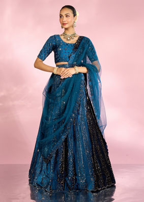 Mohey Women Teal Blue Lehenga with Rhinestone Embellishments