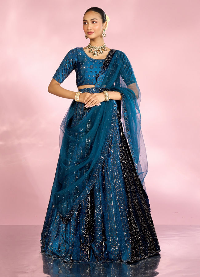 Mohey Women Teal Blue Lehenga with Rhinestone Embellishments