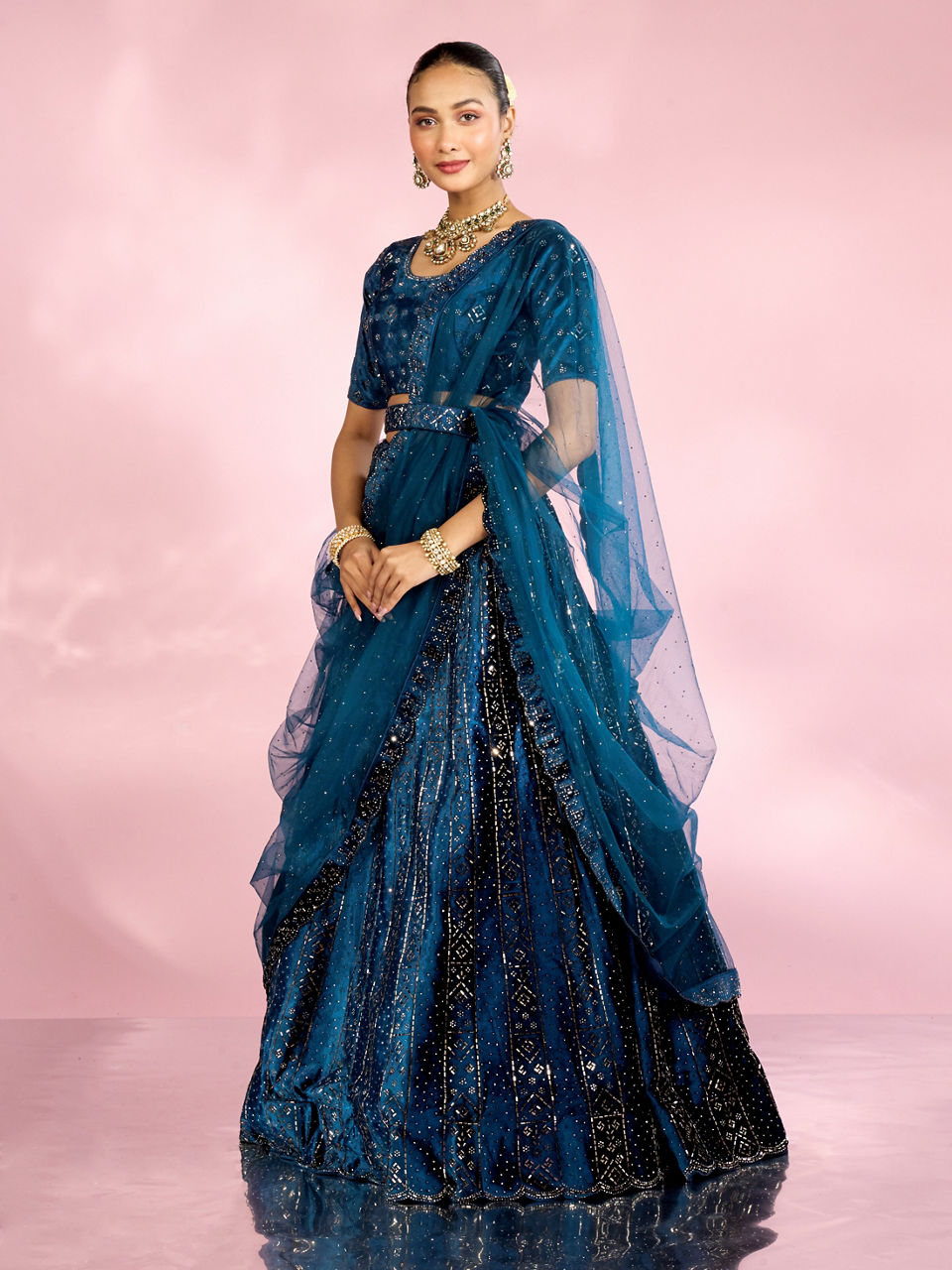 Mohey Women Teal Blue Lehenga with Rhinestone Embellishments