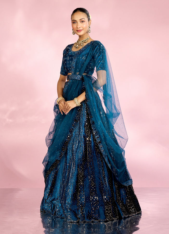 Mohey Women Teal Blue Lehenga with Rhinestone Embellishments