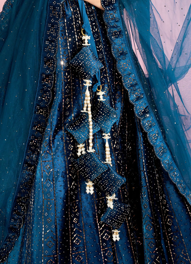 Mohey Women Teal Blue Lehenga with Rhinestone Embellishments