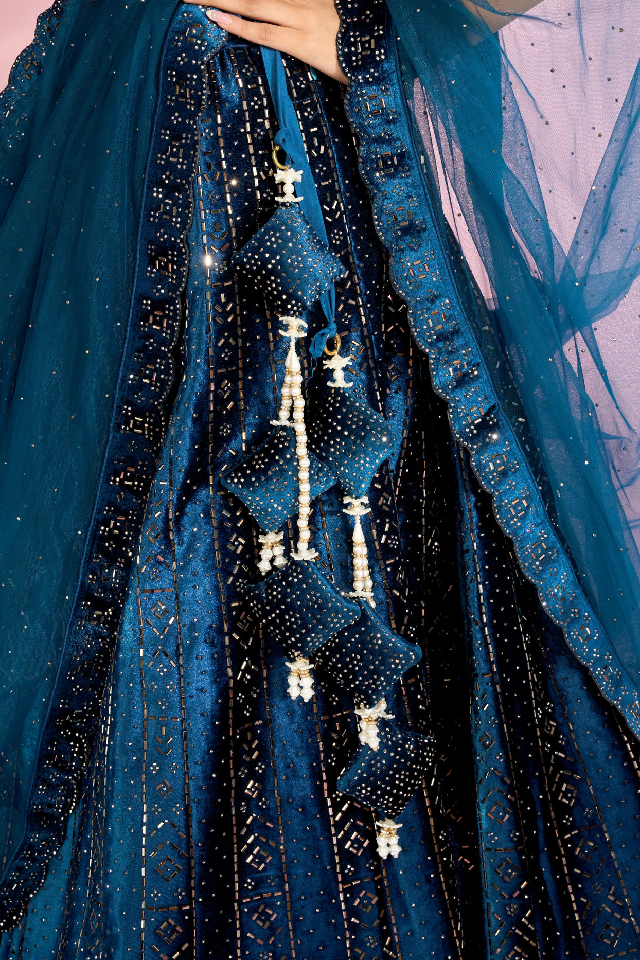 Mohey Women Teal Blue Lehenga with Rhinestone Embellishments