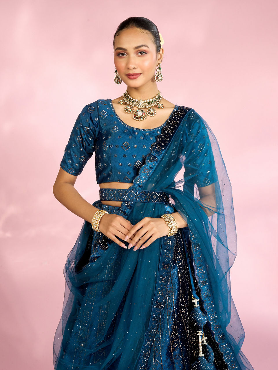 Mohey Women Teal Blue Lehenga with Rhinestone Embellishments