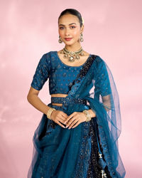 Mohey Women Teal Blue Lehenga with Rhinestone Embellishments