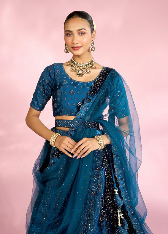 Mohey Women Teal Blue Lehenga with Rhinestone Embellishments