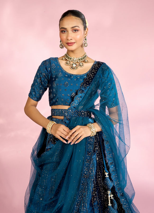 Mohey Women Teal Blue Lehenga with Rhinestone Embellishments