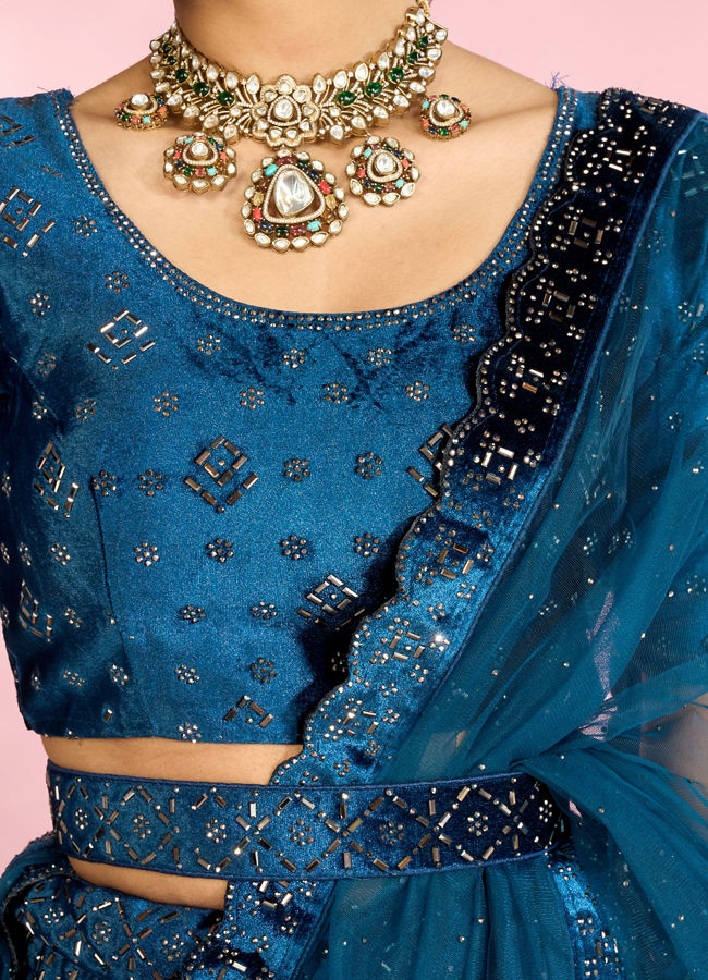 Mohey Women Teal Blue Lehenga with Rhinestone Embellishments