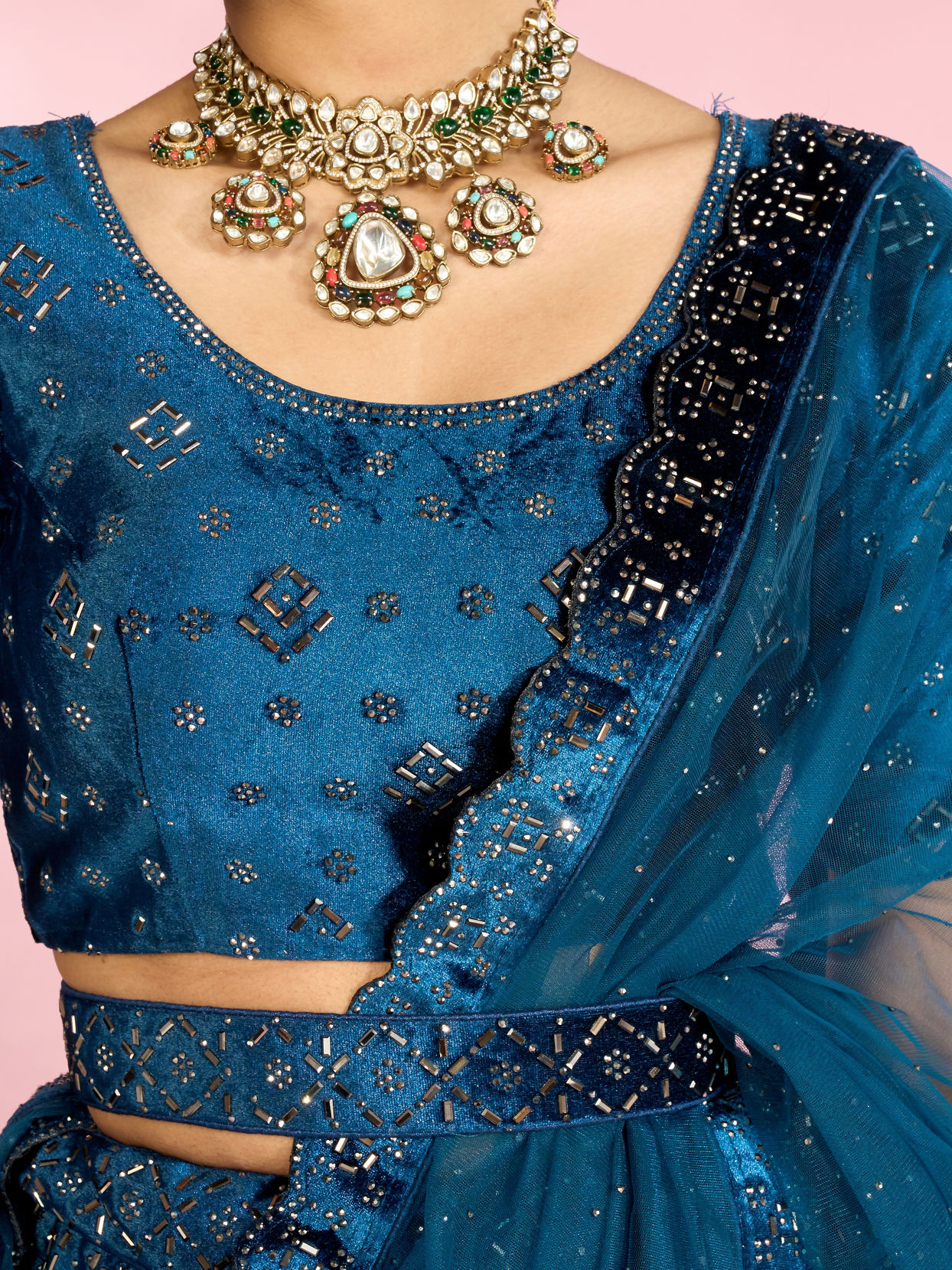 Mohey Women Teal Blue Lehenga with Rhinestone Embellishments