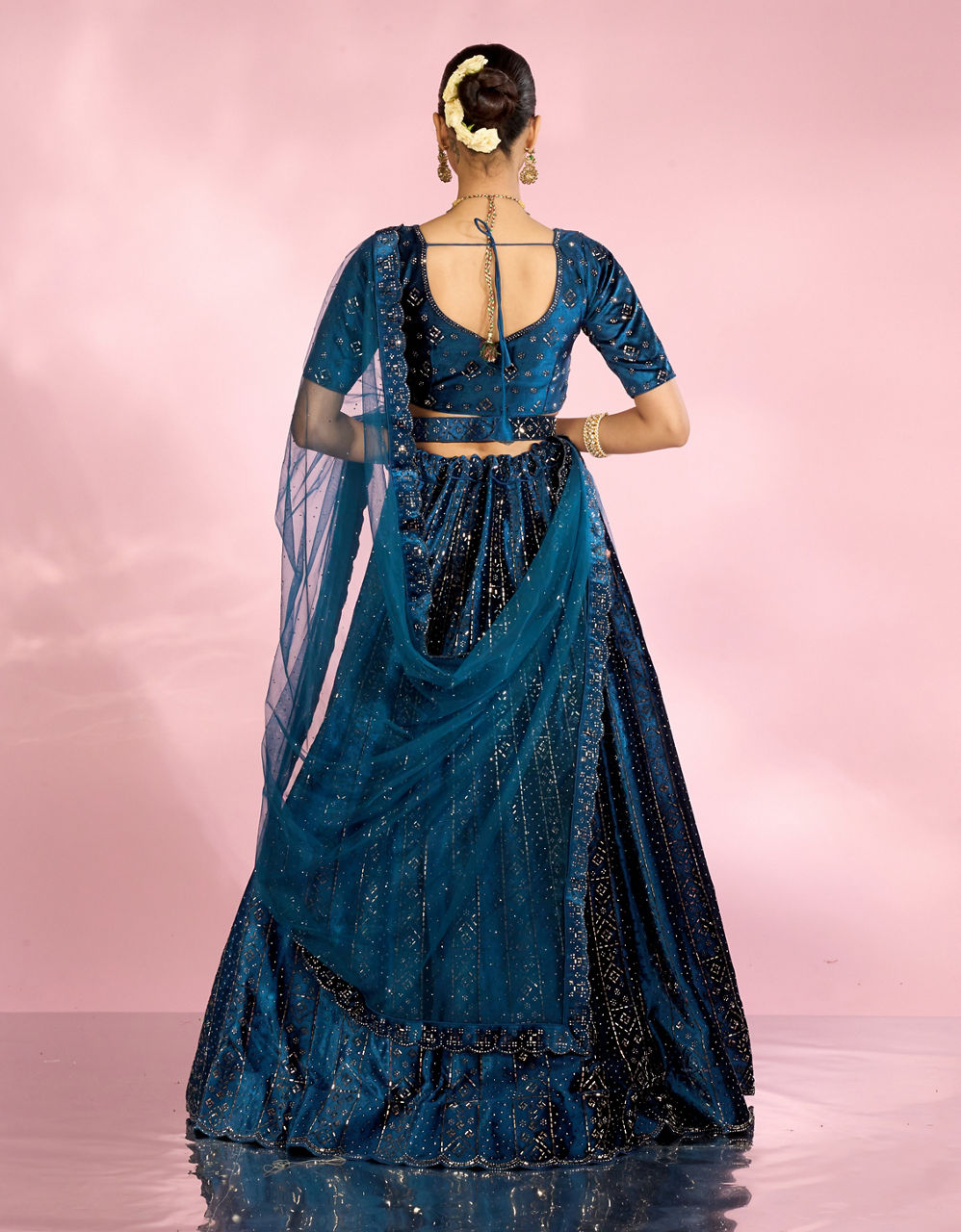 Mohey Women Teal Blue Lehenga with Rhinestone Embellishments