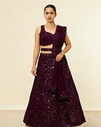 Mohey Women Wine Chevron Bel Buti Patterned Sequinned Lehenga