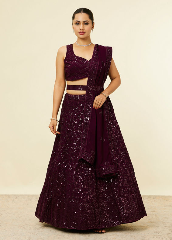 Mohey Women Wine Chevron Bel Buti Patterned Sequinned Lehenga