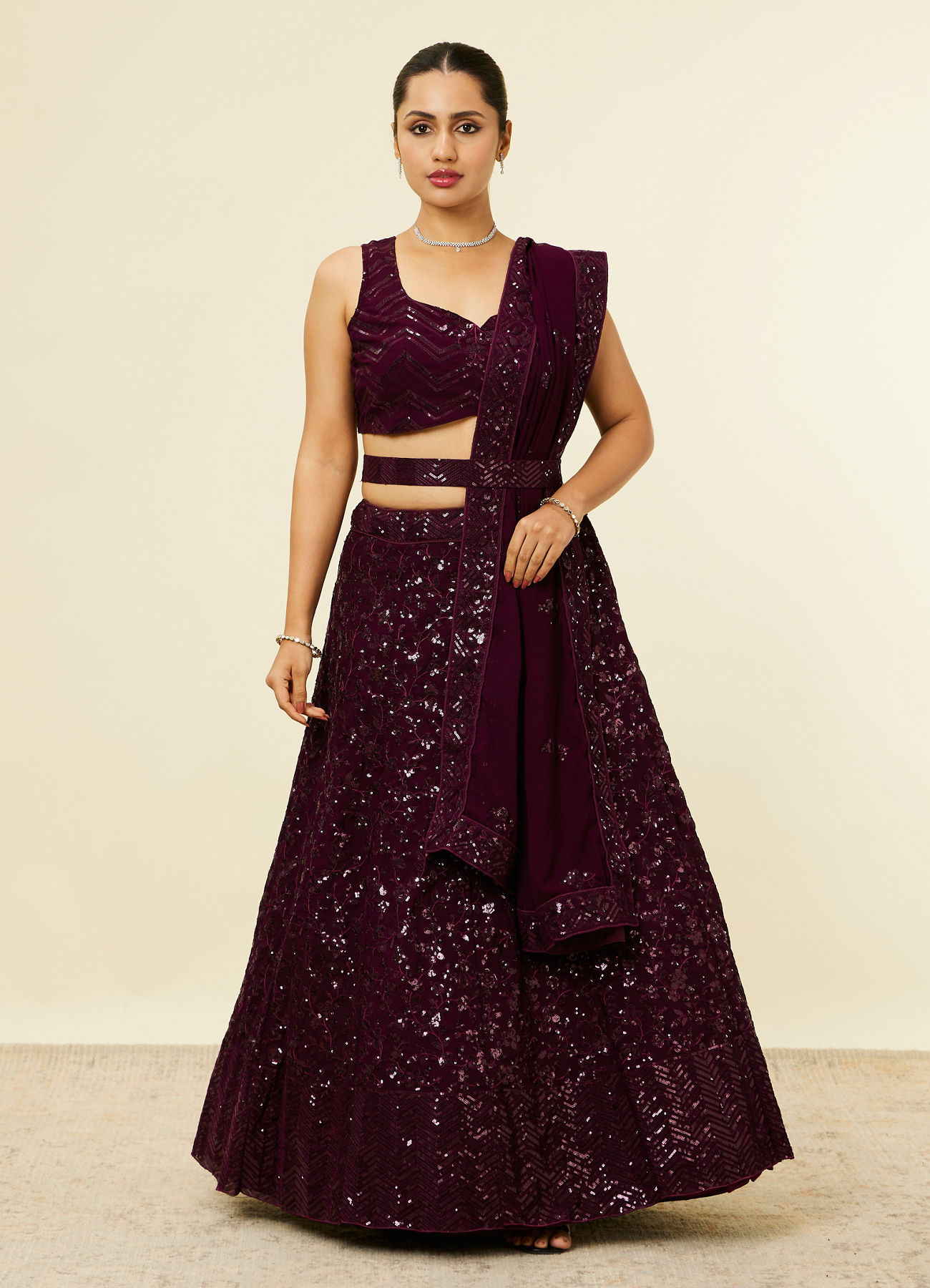 Mohey Women Wine Chevron Bel Buti Patterned Sequinned Lehenga