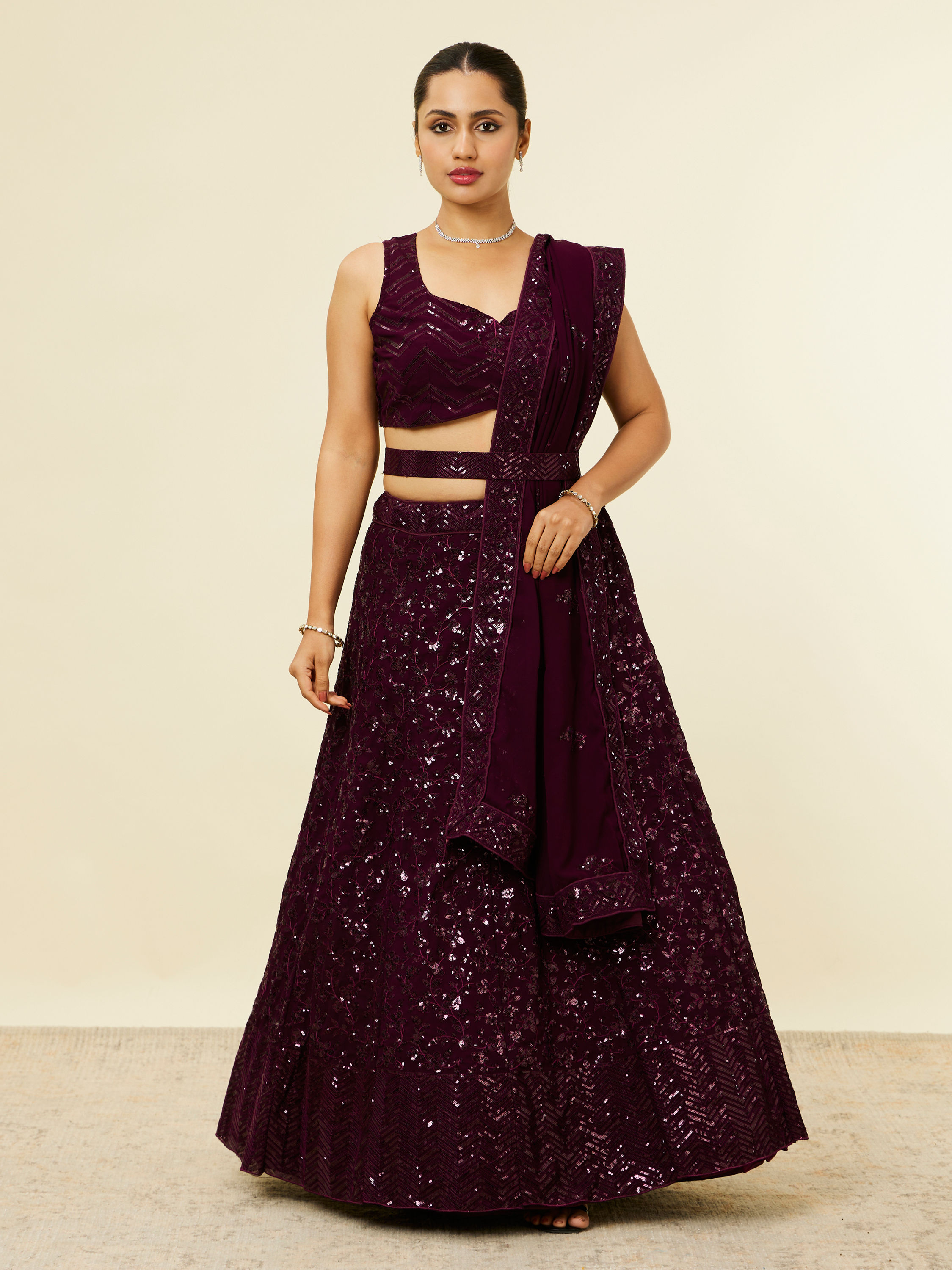 Mohey Women Wine Chevron Bel Buti Patterned Sequinned Lehenga