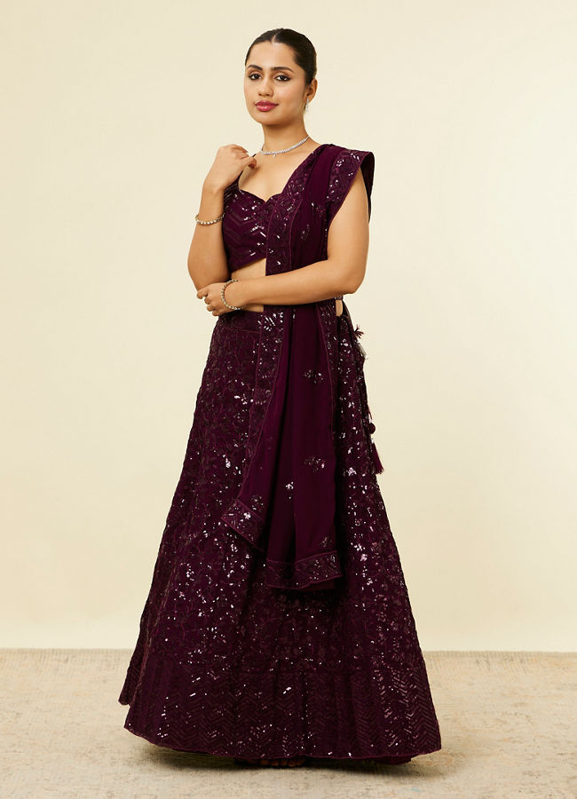Mohey Women Wine Chevron Bel Buti Patterned Sequinned Lehenga