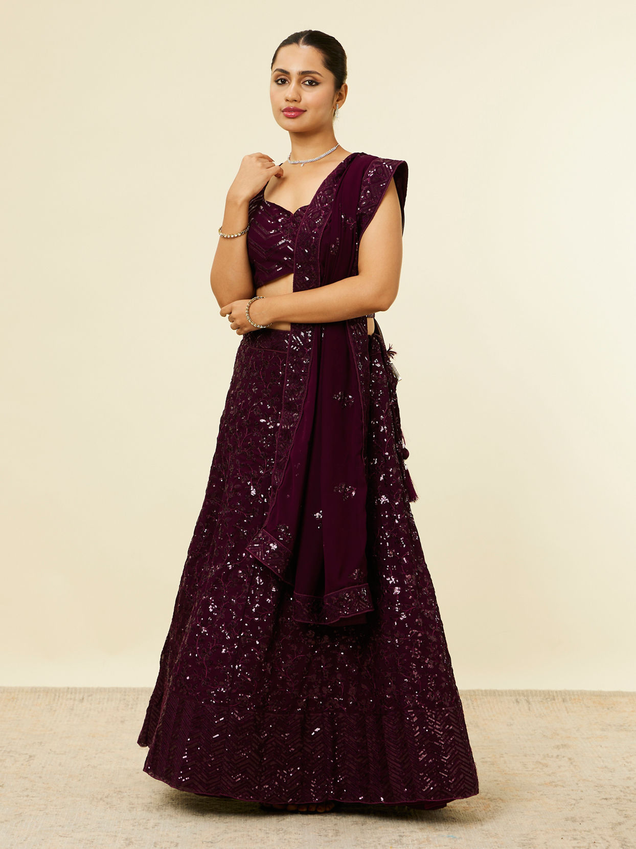 Mohey Women Wine Chevron Bel Buti Patterned Sequinned Lehenga