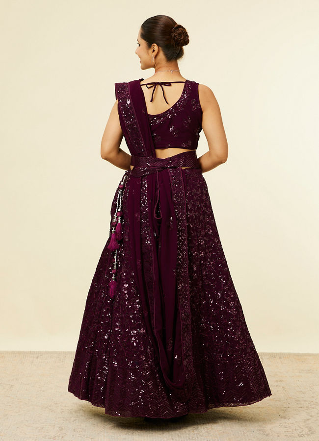 Mohey Women Wine Chevron Bel Buti Patterned Sequinned Lehenga