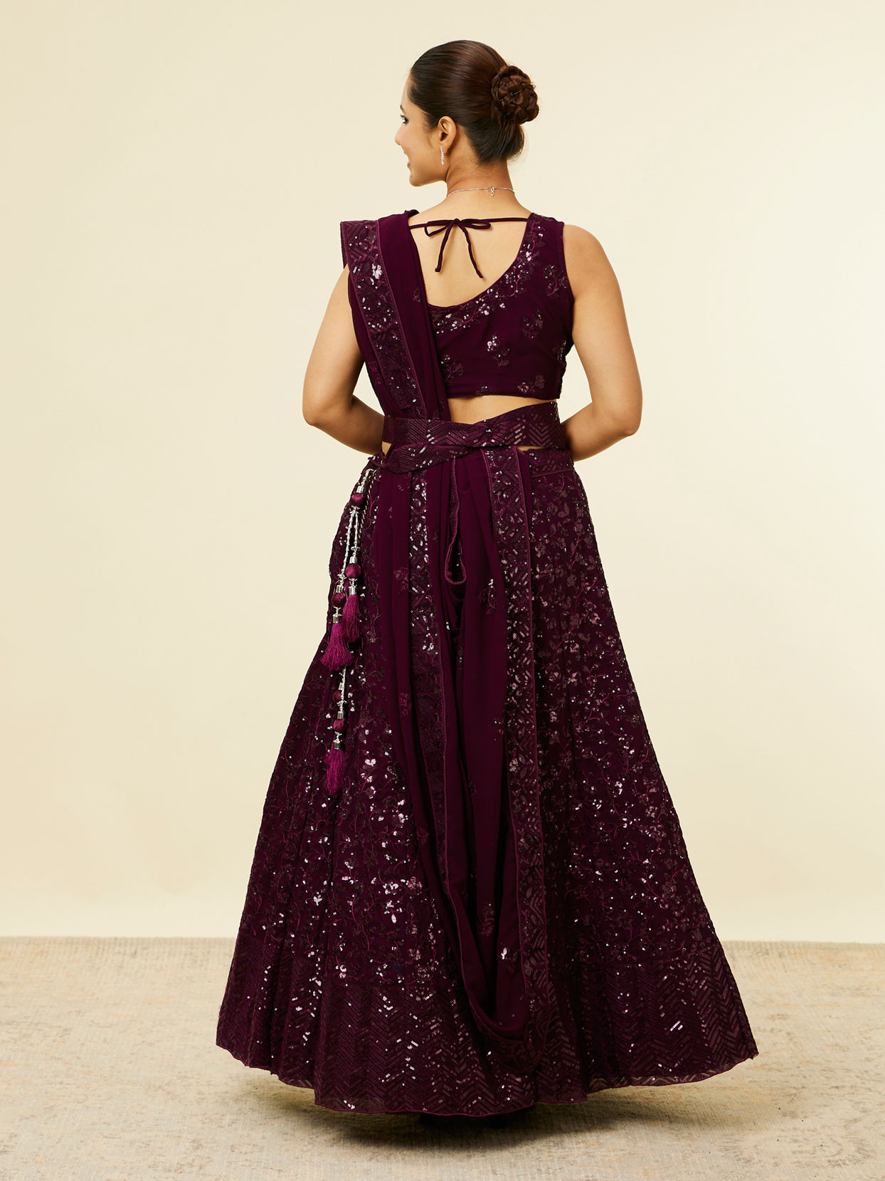 Mohey Women Wine Chevron Bel Buti Patterned Sequinned Lehenga