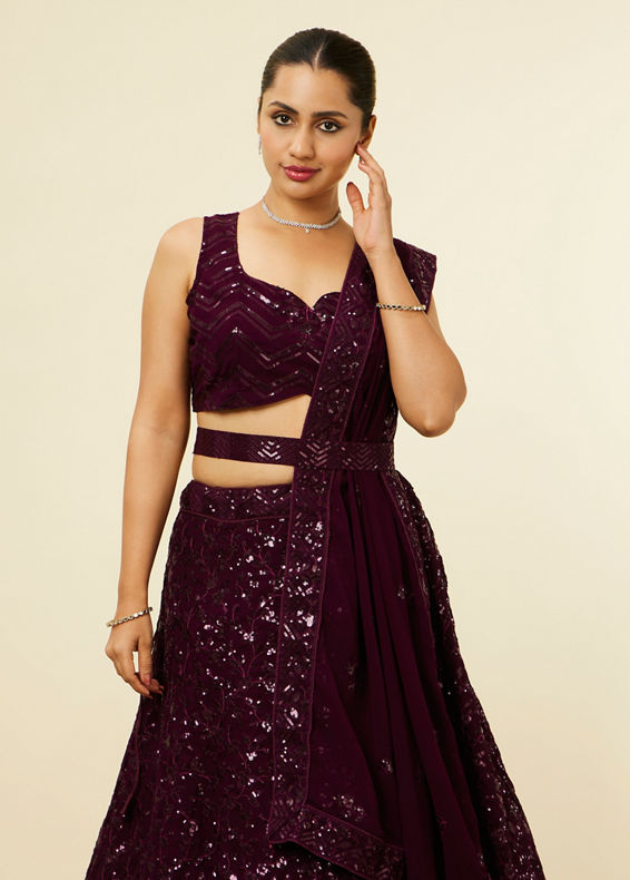 Mohey Women Wine Chevron Bel Buti Patterned Sequinned Lehenga