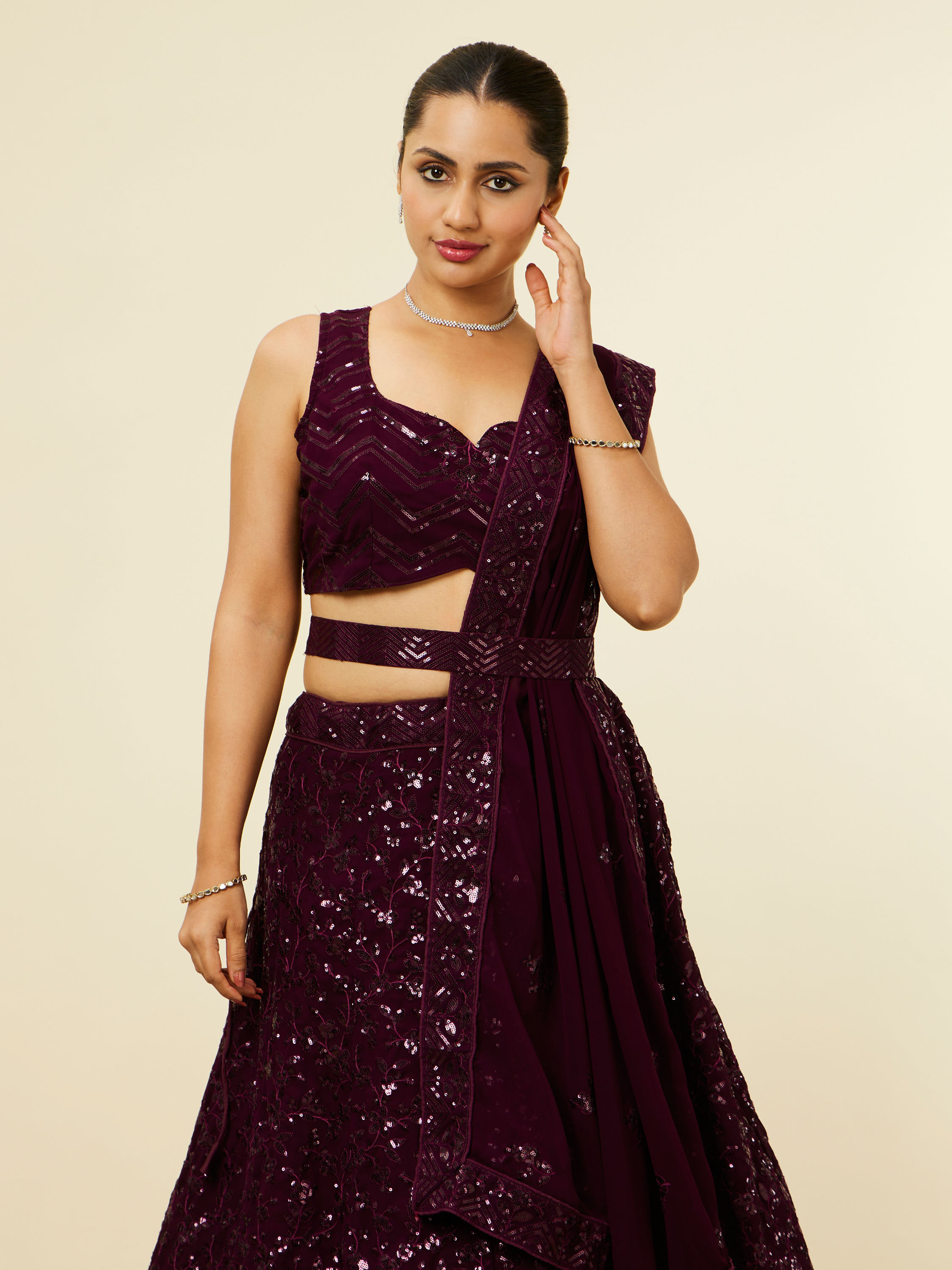 Mohey Women Wine Chevron Bel Buti Patterned Sequinned Lehenga