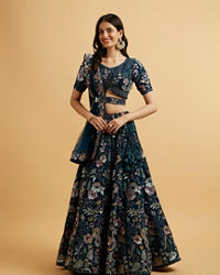 Mohey Women Teal Blue Floral Embroidered Sequinned Lehenga
