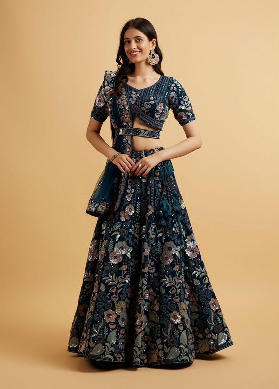Mohey Women Teal Blue Floral Embroidered Sequinned Lehenga