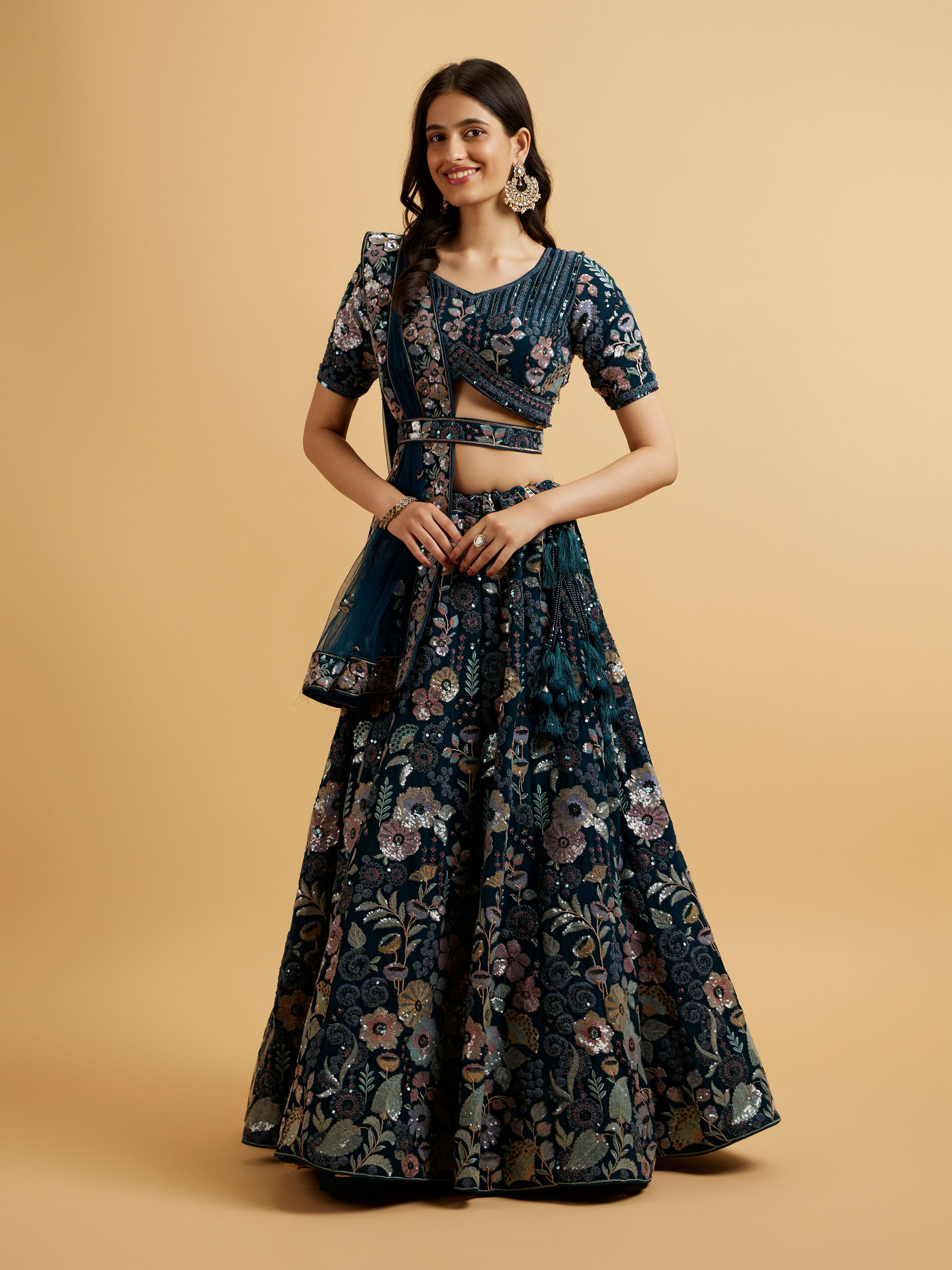 Mohey Women Teal Blue Floral Embroidered Sequinned Lehenga