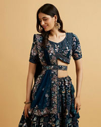 Mohey Women Teal Blue Floral Embroidered Sequinned Lehenga