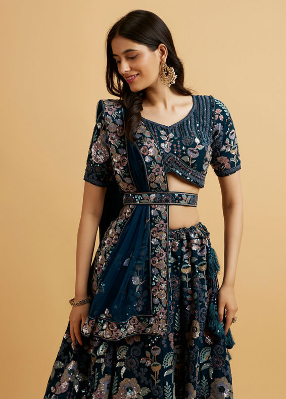 Mohey Women Teal Blue Floral Embroidered Sequinned Lehenga