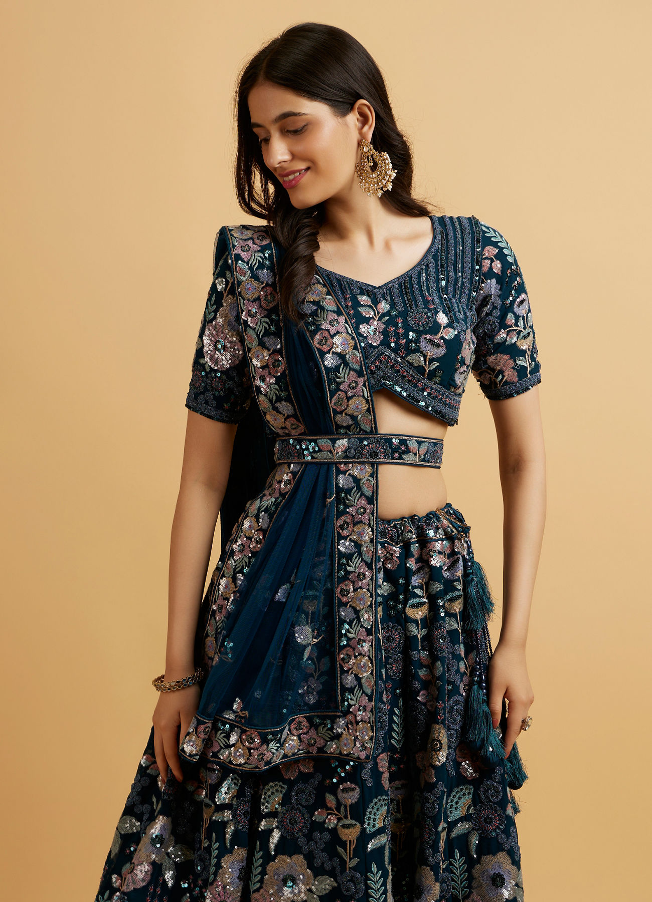 Mohey Women Teal Blue Floral Embroidered Sequinned Lehenga