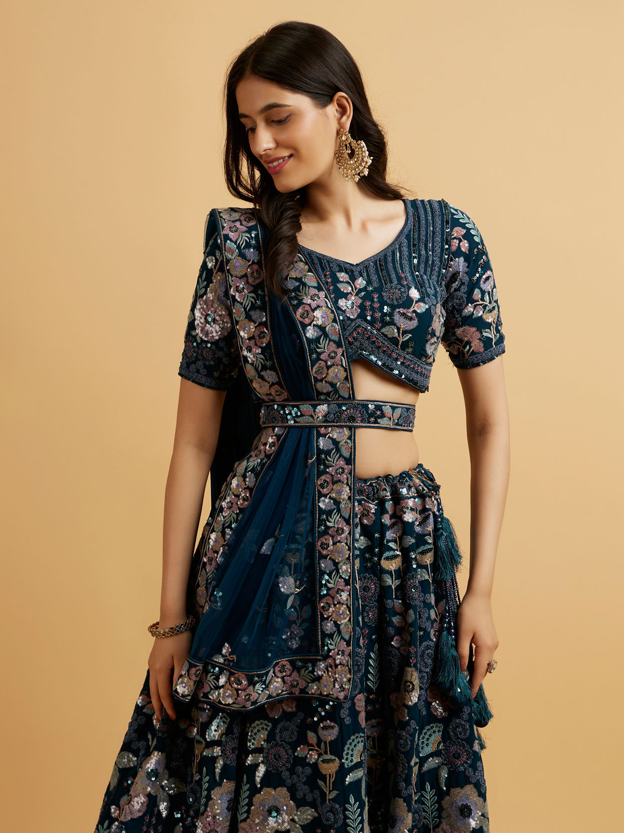 Mohey Women Teal Blue Floral Embroidered Sequinned Lehenga