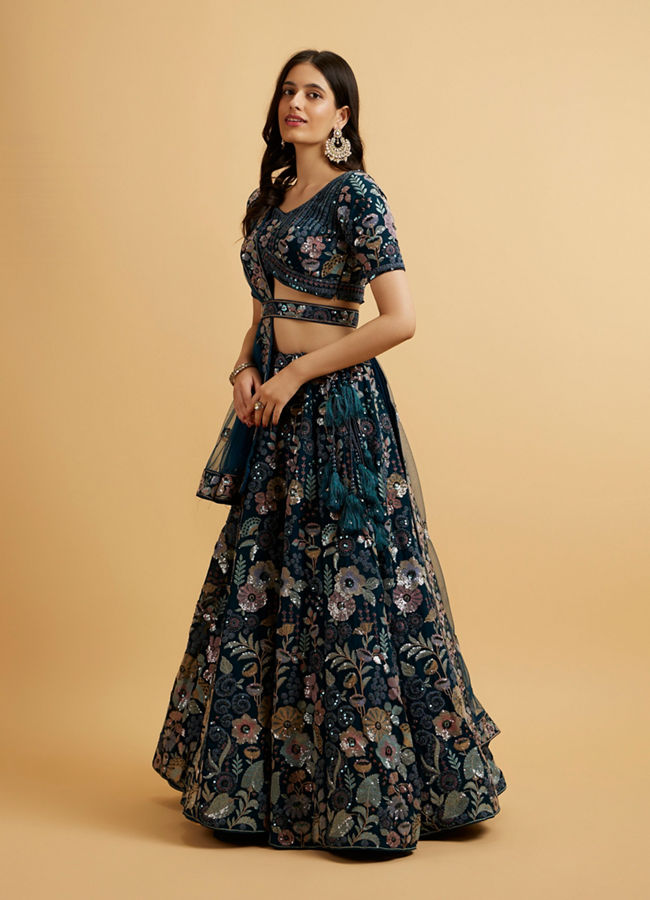 Mohey Women Teal Blue Floral Embroidered Sequinned Lehenga