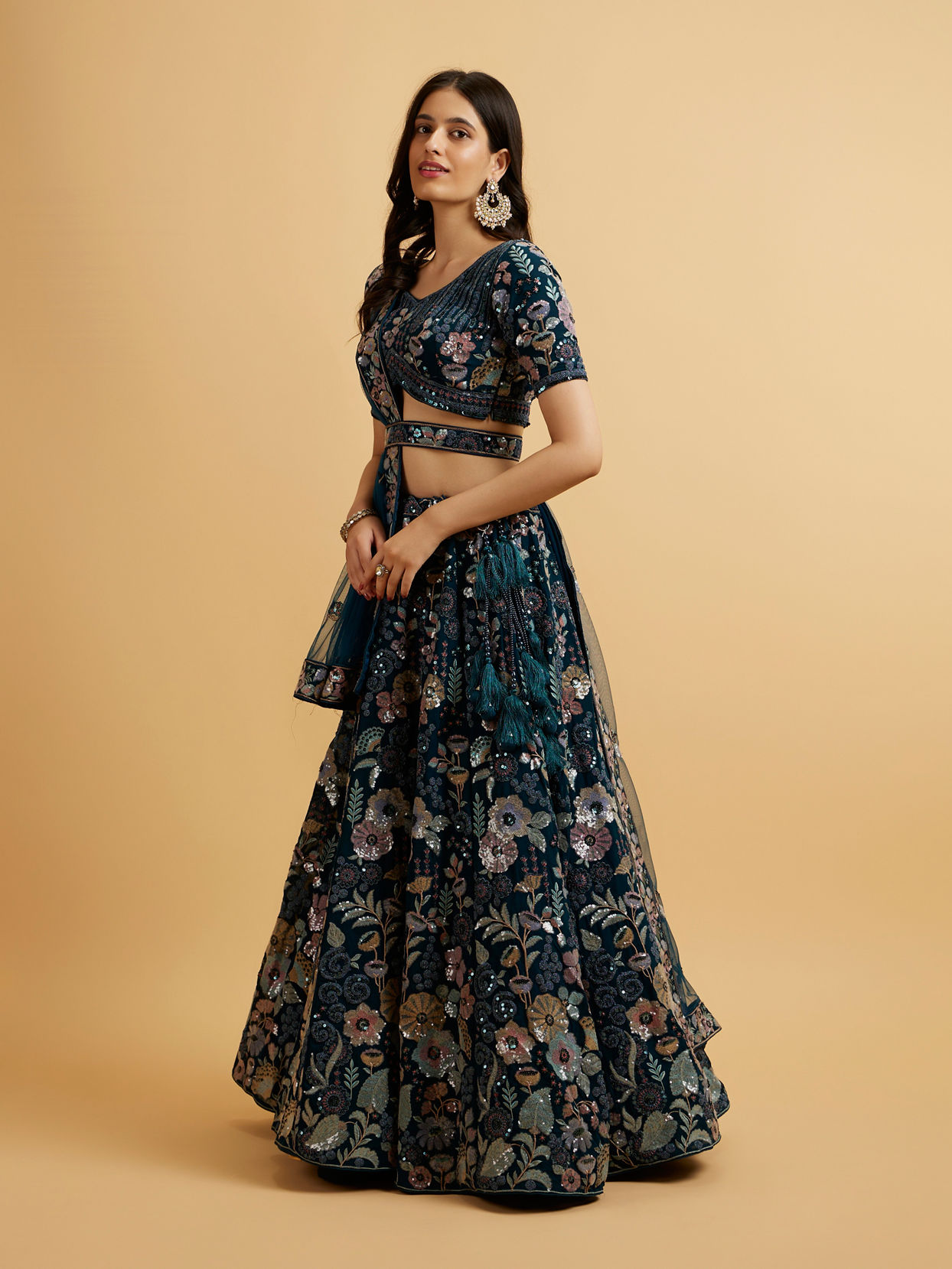 Mohey Women Teal Blue Floral Embroidered Sequinned Lehenga