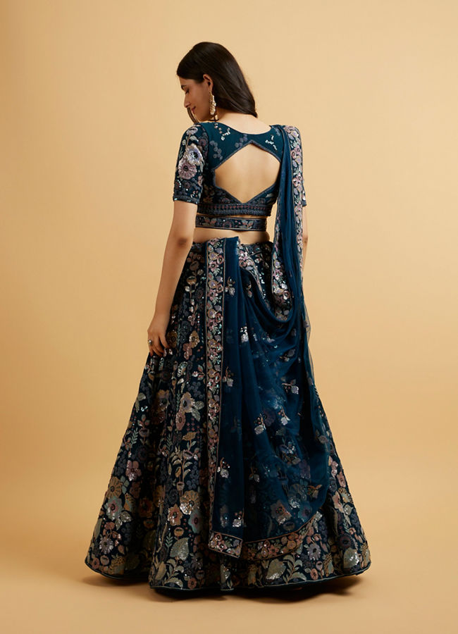 Mohey Women Teal Blue Floral Embroidered Sequinned Lehenga