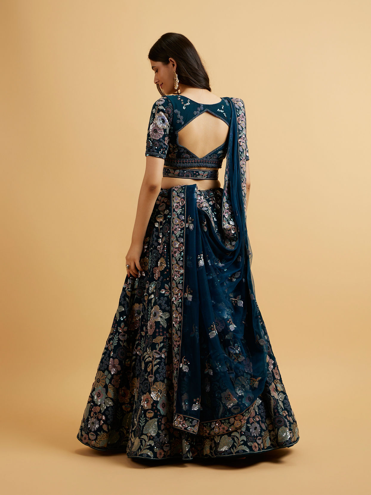 Mohey Women Teal Blue Floral Embroidered Sequinned Lehenga