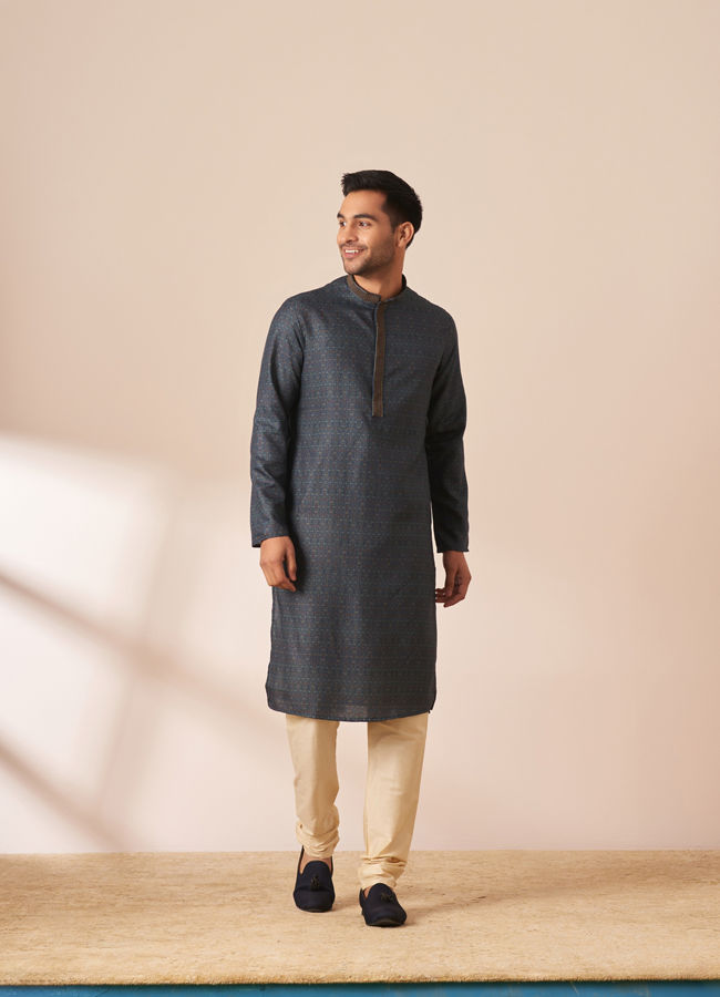 Manyavar Men Dark Blue Printed Kurta Pajama