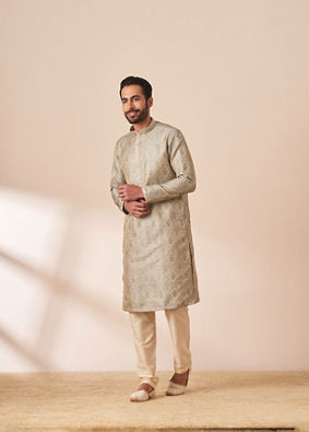 alt message - Manyavar Men Light Grey Jacquard Kurta Pajama image number 1