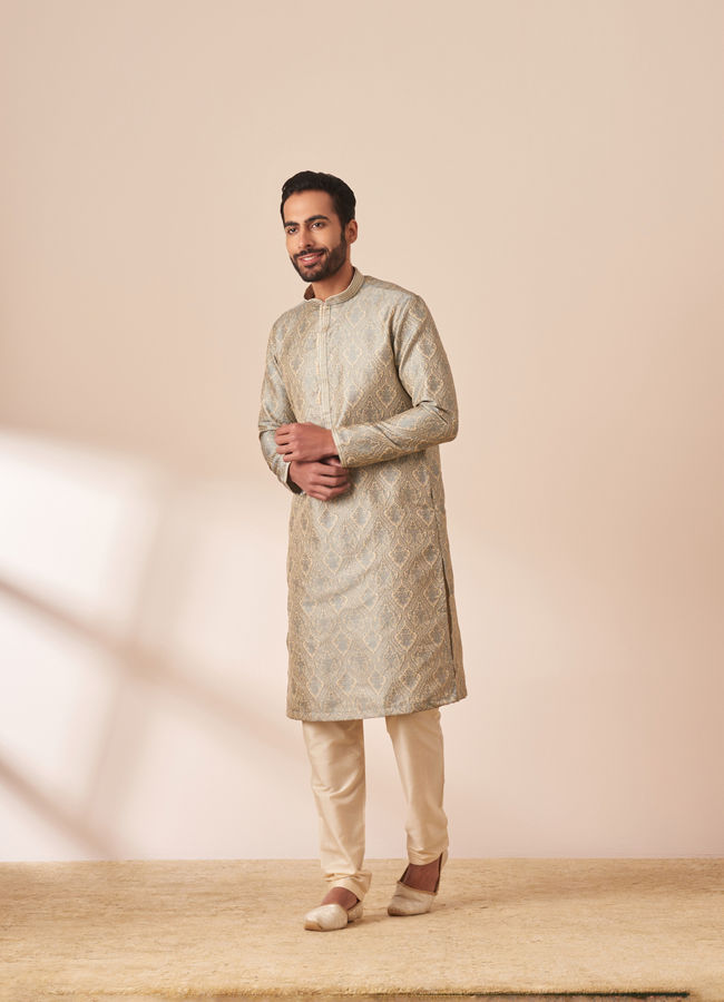 alt message - Manyavar Men Light Grey Jacquard Kurta Pajama image number 1