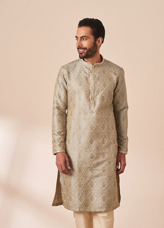 Manyavar Men Light Grey Jacquard Kurta Pajama