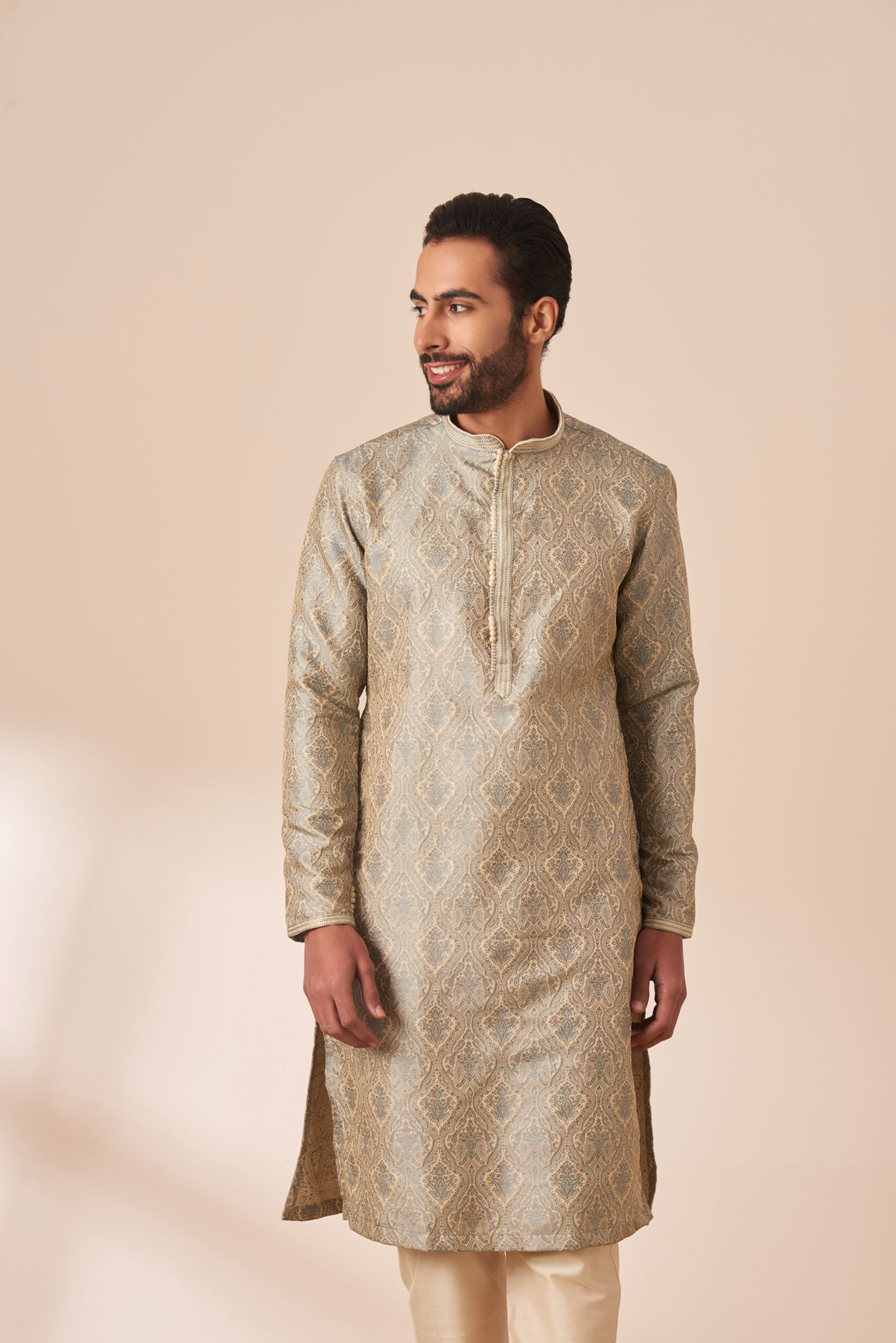 alt message - Manyavar Men Light Grey Jacquard Kurta Pajama image number 0