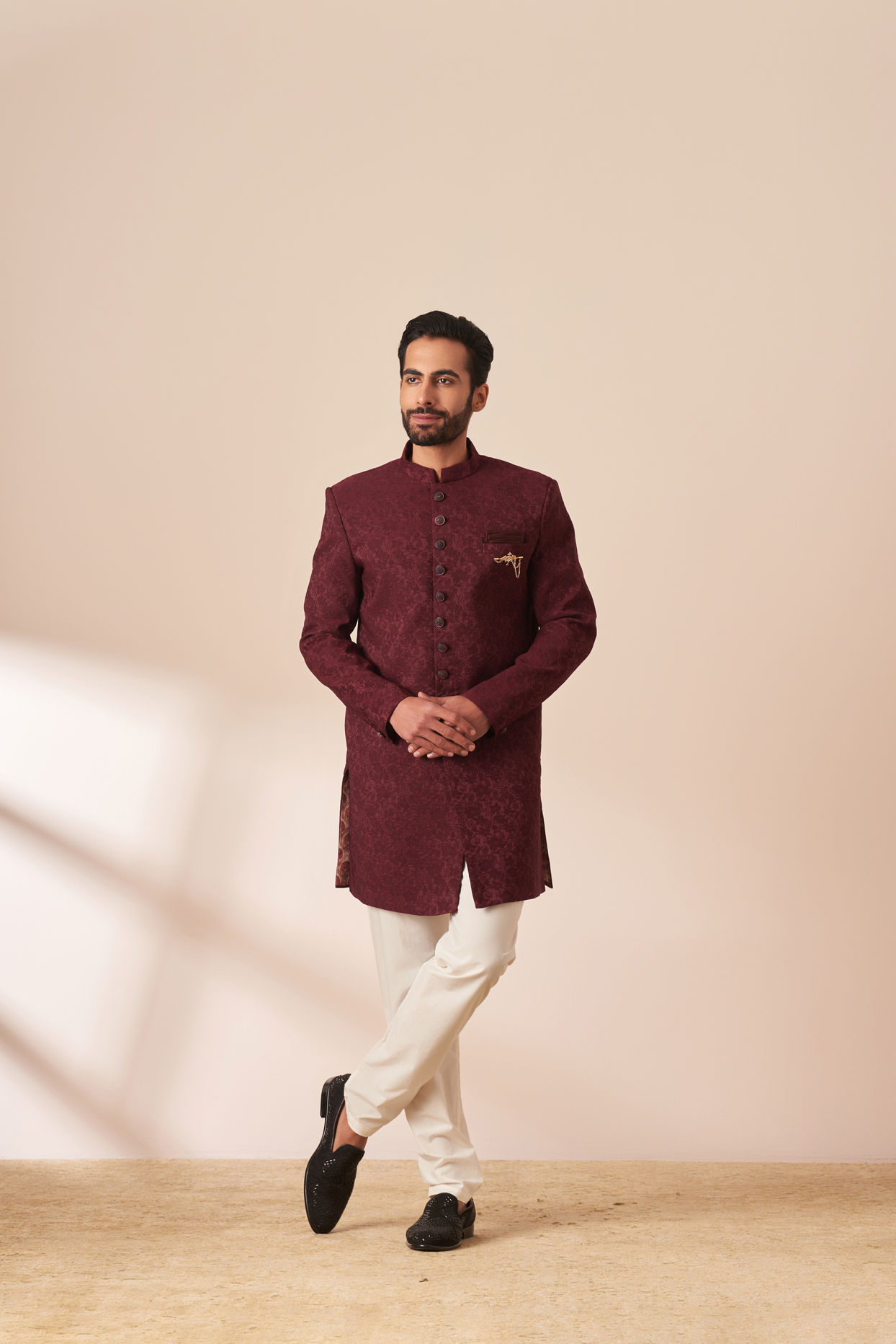 Manyavar Men Maroon Achkan Indo Western