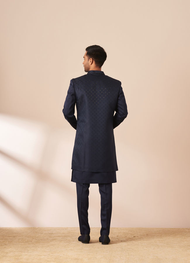 Manyavar Men Dark Blue Embellished Jacket Style Indo Western