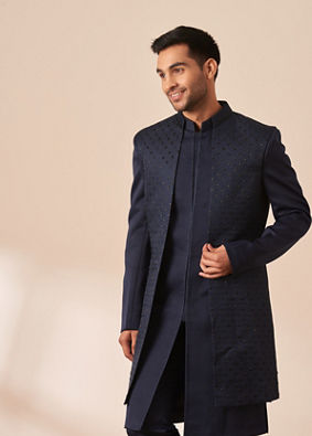 alt message - Manyavar Men Dark Blue Embellished Jacket Style Indo Western image number 0