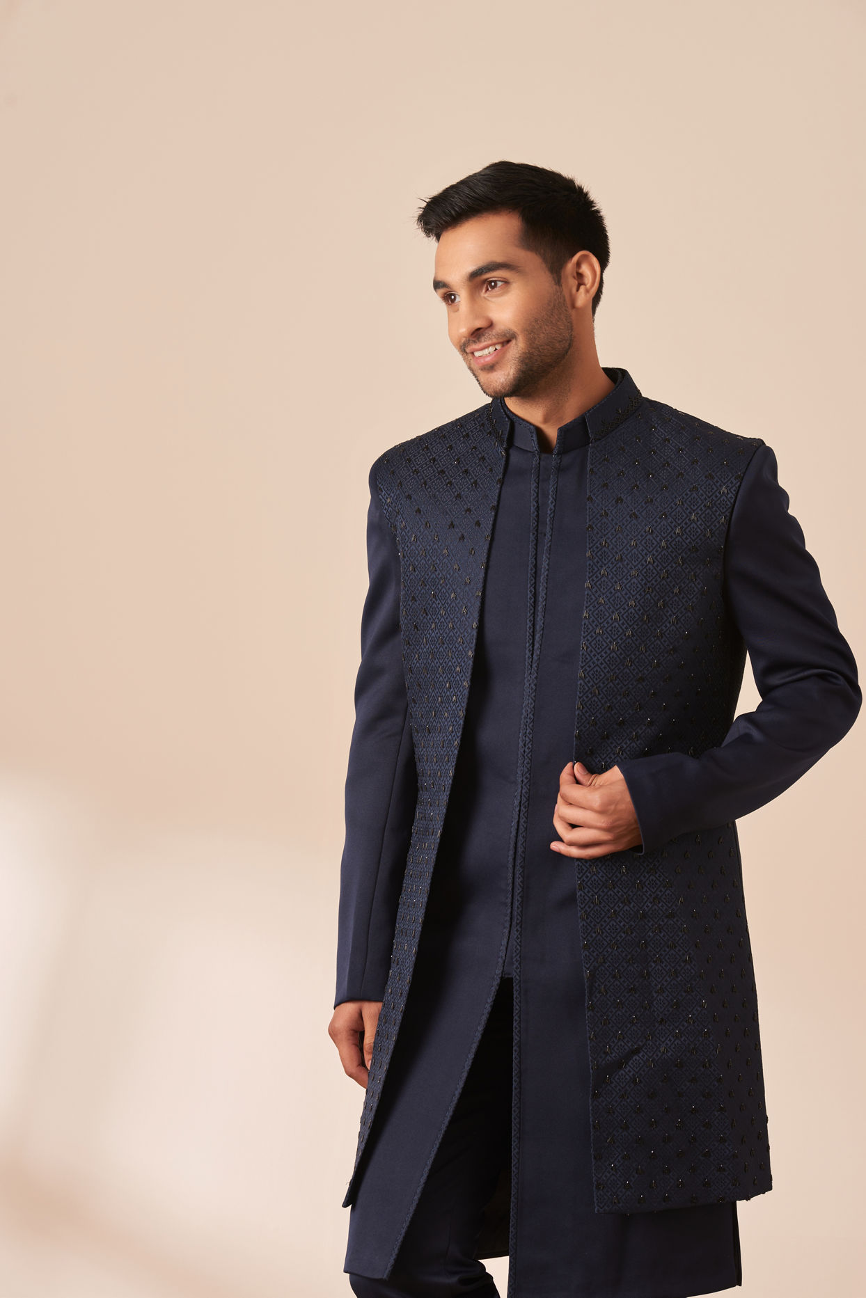 alt message - Manyavar Men Dark Blue Embellished Jacket Style Indo Western image number 0