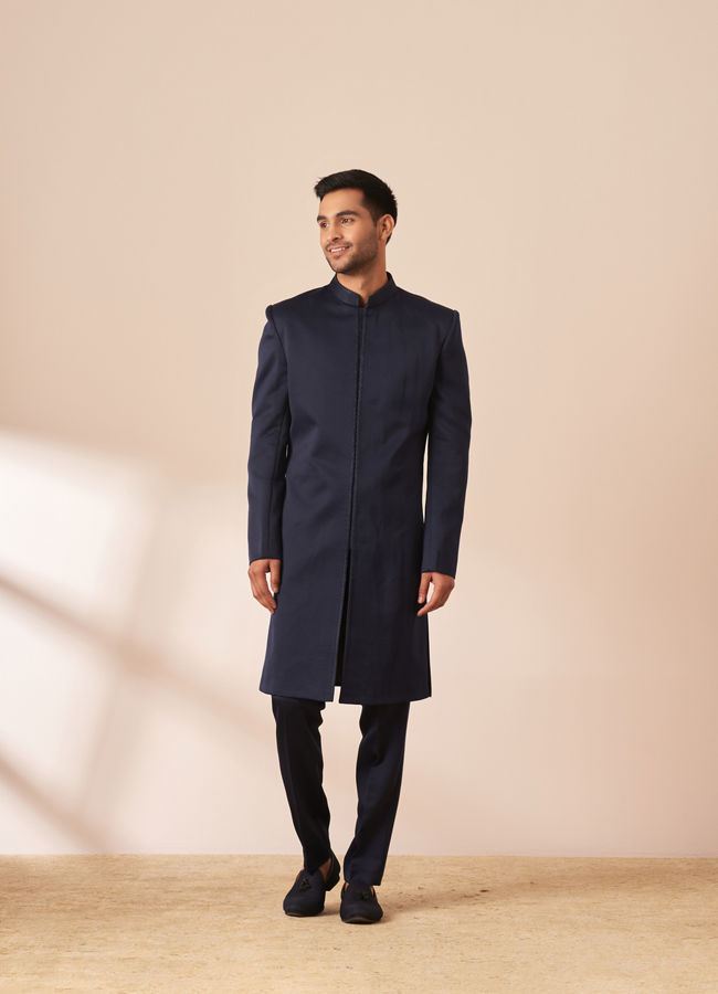Manyavar Men Dark Blue Embellished Jacket Style Indo Western