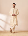 alt message - Manyavar Men Cream Jacket Style Sherwani with All Over work image number 1